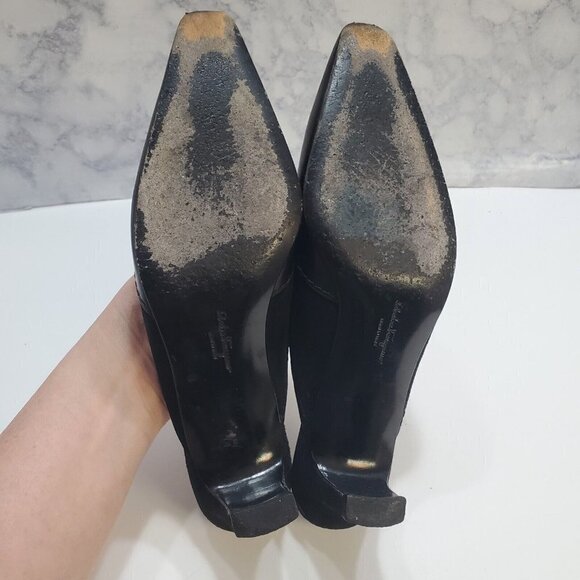 Salvatore Ferragamo Slip-On Mules Heels 7AA Black Suede Leather Tortoise Shell - Picture 5 of 15